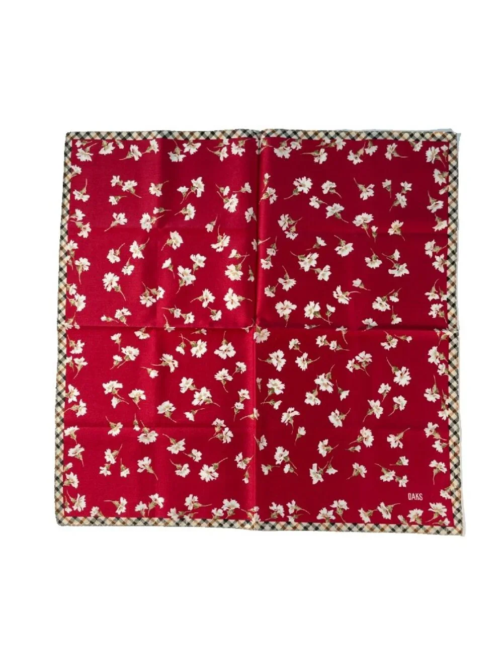 Vintage DAKS London Cotton Scarf Red Floral Check Border 19